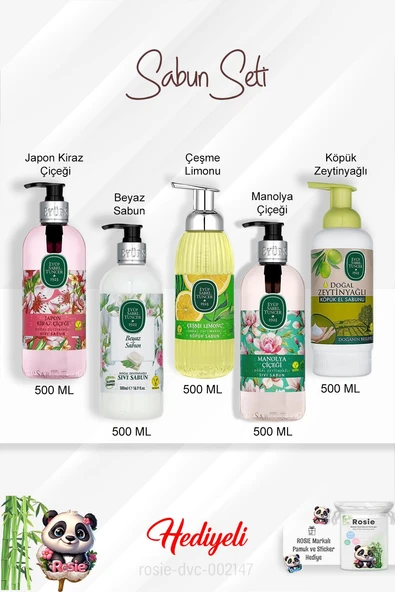 Sabun Paket 500 ML Manolya Çiçeği, Beyaz Sabun, Çeşme Limonu, Zeytinyağlı, Japon Kiraz Çiçeği ve Rosie ürün görseli 1