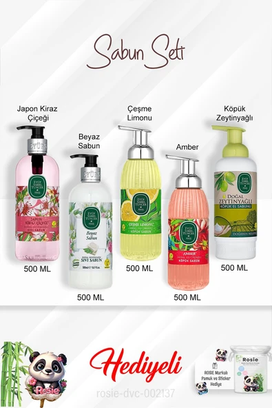 500 ML Sabun Paket Amber, Çeşme Limonu, Japon Kiraz Çiçeği, Beyaz Sabun, Zeytinyağlı ve Rosie ürün görseli 1