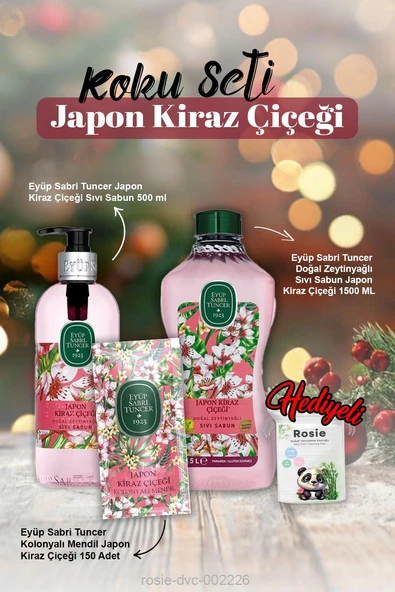 1500 ve 500ml Sıvı Sabun, kolonyalı mendil 150'li Japon Kiraz Çiçeği ve Rosie Pamuk ürün görseli 1