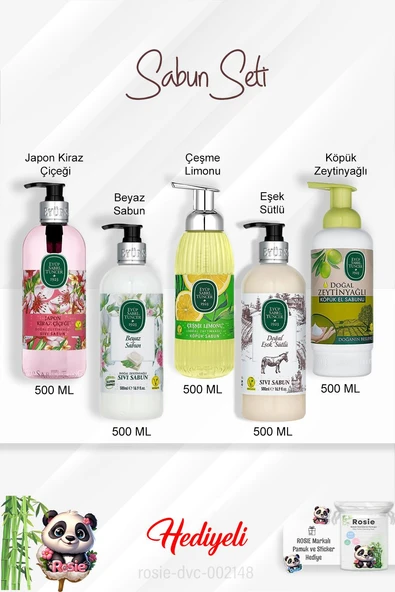 Sabun Paket 500 ML Zeytinyağlı, Eşek Sütlü, Beyaz Sabun, Çeşme Limonu, Japon Kiraz Çiçeği ve Rosie ürün görseli 1