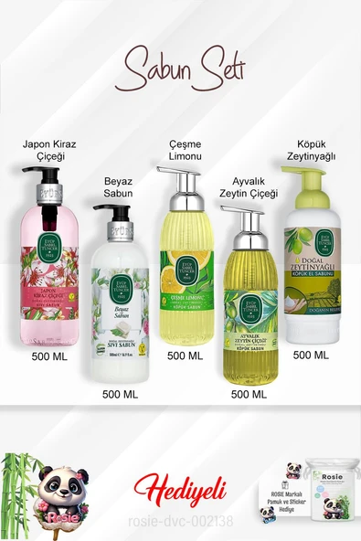 Sabun Paket 500 ML Ayvalık Zeytin Çiçeği, Çeşme Limonu, Japon Kiraz Çiçeği, Beyaz Sabun, Zeytinyağlı ve Rosie ürün görseli 1