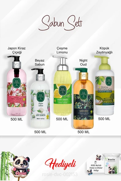 Sabun Paket 500 ML Night Oud, Japon Kiraz Çiçeği, Zeytinyağlı, Beyaz Sabun, Çeşme Limonu ve Rosie ürün görseli 1