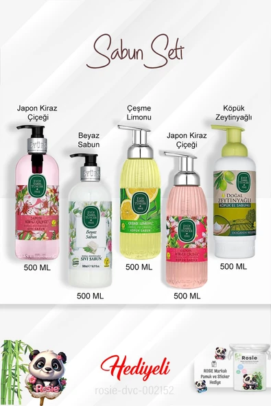 500 ML Sabun Paket  Japon Kiraz Çiçeği Köpük ve Sıvı, Zeytinyağlı, Beyaz Sabun, Çeşme Limonu ve Rosie ürün görseli 1