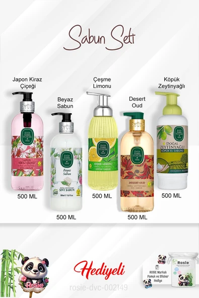 500 ML Sabun Paket Zeytinyağlı, Desert Oud, Beyaz Sabun, Çeşme Limonu, Japon Kiraz Çiçeği ve Rosie ürün görseli 1