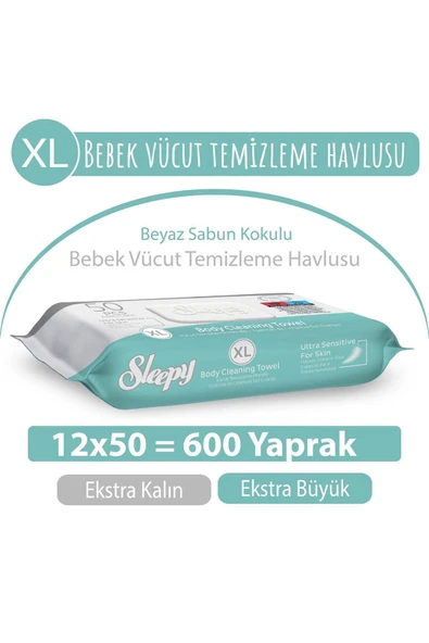 Sleepy Vücut Temizleme Mendili Xl 50"li X 12 ürün görseli 1