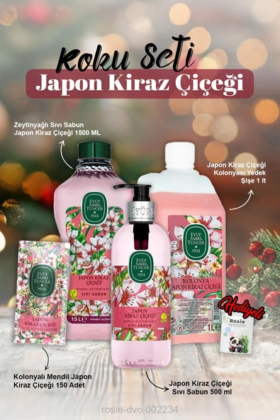 Sıvı Sabun 500ml ve 1500ml, Kolonya 1lt, Kolonyalı Mendil 150'li Japon Kiraz Çiçeği ve Rosie ürün görseli 1