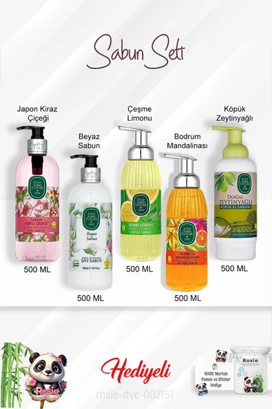 500 ML Sabun Paket  Japon Kiraz Çiçeği, Bodrum Mandalinası, Zeytinyağlı, Beyaz Sabun, Çeşme Limonu ve Rosie ürün görseli 1