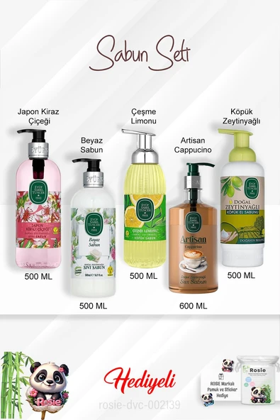 Sabun Paket Artisan Cappucino, Çeşme Limonu, Japon Kiraz Çiçeği, Beyaz Sabun, Zeytinyağlı ve Rosie ürün görseli 1