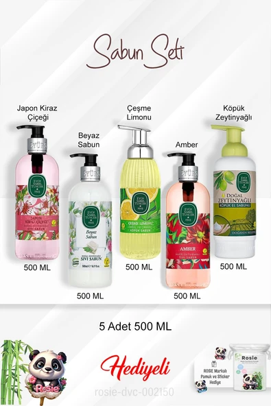 500 ML Sabun Paket Amber, Zeytinyağlı, Beyaz Sabun, Çeşme Limonu, Japon Kiraz Çiçeği ve Rosie ürün görseli 1