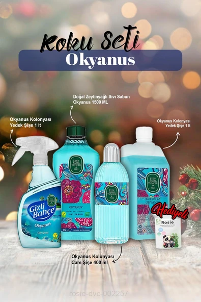 Oda kokusu 500ml,Kolonya 1lt ve 400ml, Sıvı Sabun 1500ml Okyanus ve Rosie Pamuk ürün görseli 1
