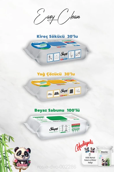 Beyaz Sabun Katkılı 100'lü, Kireç ve Yağ Çözücü 30'lu Temizlik Havlusu ve Rosie Hediye ürün görseli 1