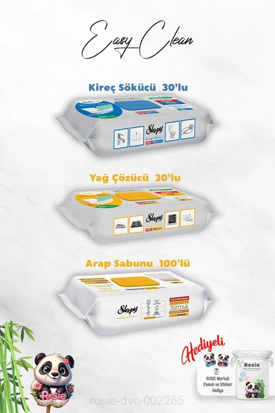 Arap Sabun Katkılı 100'lü, Kireç ve Yağ Çözücü 30'lu Temizlik Havlusu ve Rosie Hediye ürün görseli 1