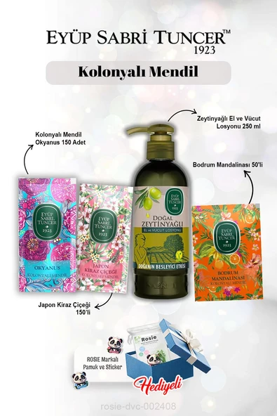 Okyanus ve Kiraz Çiçeği 150'li, Mandalina 50'li Mendil Seti Zeytinyağlı Losyon 280 ml ve Rosie ürün görseli 1
