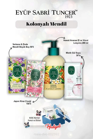 Hawaii Ananas Losyon 280 ml, Gül suyu 30'lu, Kiraz Çiçeği 150'li, Verbena & Zinde 50'li, ve Rosie ürün görseli 1