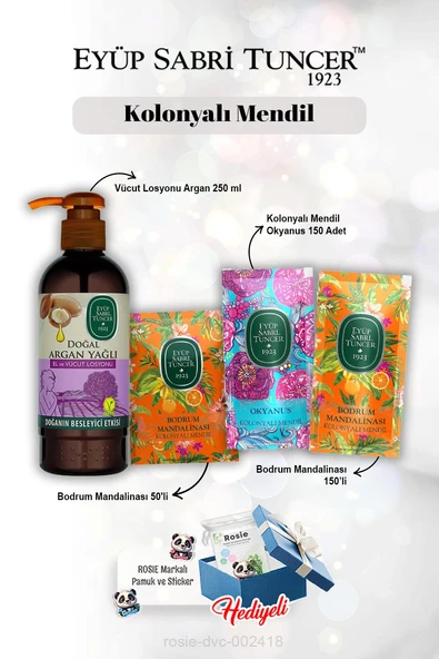 Mandalina 50'li ve 150'li ve, Okyanus 150'li Kolonyalı Mendil, Argan Losyon 250 ml Rosie ürün görseli 1