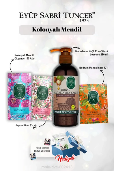 Macadamia Losyon 250 ml, Mandalina 50'li, Okyanus ve Kiraz Çiçeği 150'li ve Rosie ürün görseli 1