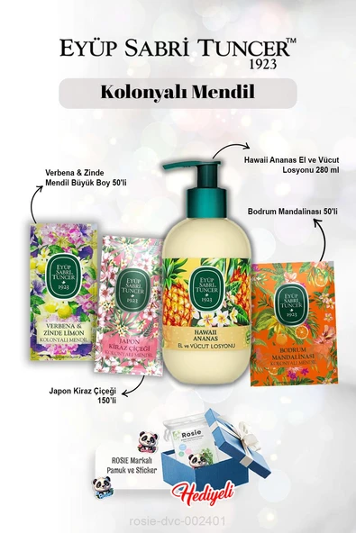 Kiraz Çiçeği 150'li, Verbena 50'li, Mandalina 50'li Mendil Seti Ananas Losyon 280 ml ve Rosie ürün görseli 1