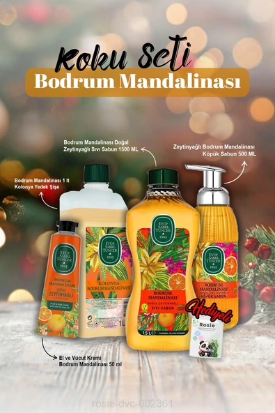 Sabun 500 ml ve 1500 ml, Krem 50 ml, Kolonya 1 lt Bodrum Mandalina ve Rosie Hediye ürün görseli 1