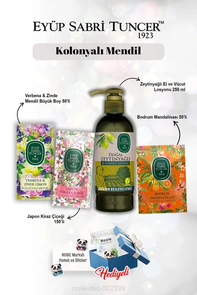 Kolonyalı Mendil Verbena 50'li, Kiraz Çiçeği 150'li, Mandalina 50'li, Zeytinyağlı Losyon 250 ml ve Rosie ürün görseli 1