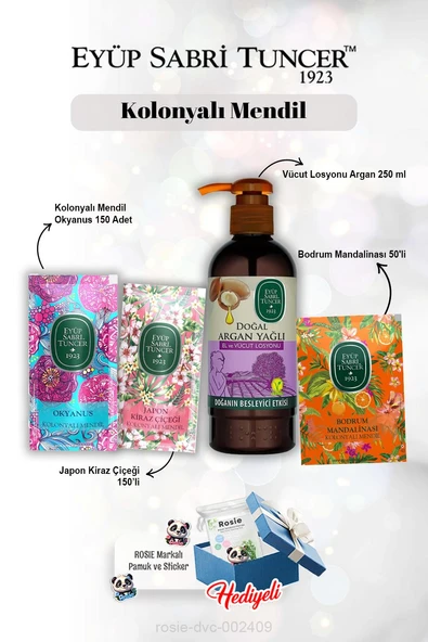 Mandalina 50'li, Okyanus ve Kiraz Çiçeği 150'li, Argan Yağlı Losyon 280 ml ve Rosie ürün görseli 1