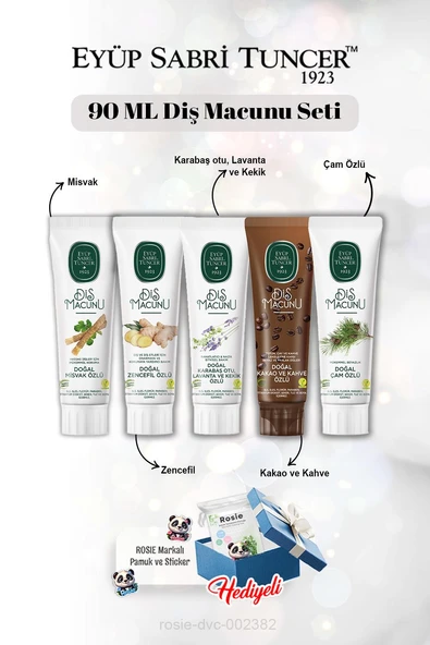 Misvak, Zencefil, Lavanta, Kakao, Çam Özlü 90 ml Diş Macun Seti ve Rosie ürün görseli 1