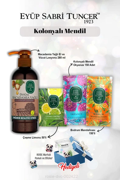 Kolonyalı Mendil Limon 50'li, 150'li Okyanus ve Mandalina, Macadamia Losyon 250 ml Rosie ürün görseli 1