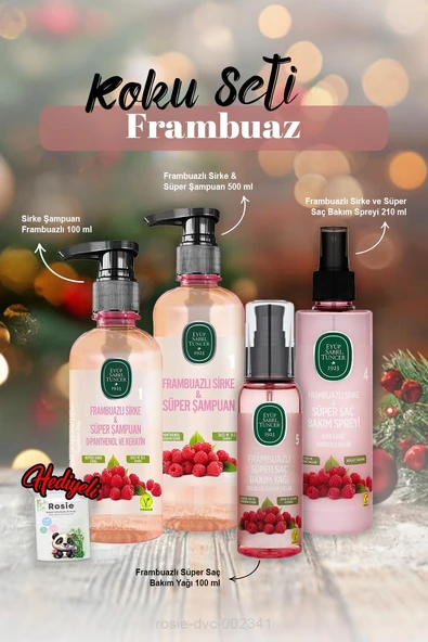 Frambuazlı Şampuan 500 ml ve 100 ml Bakım Yağı 100 ml, Sprey 210 ml ve Rosie Hediye ürün görseli 1
