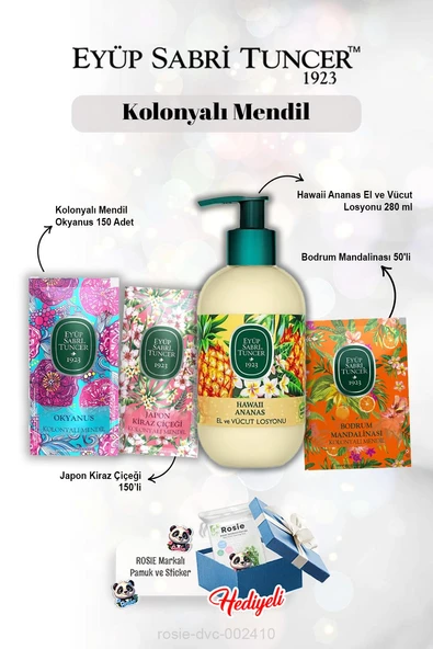 Hawaii Ananas Losyon 280 ml, Mandalina 50'li, Okyanus ve Kiraz Çiçeği 150'li ve Rosie ürün görseli 1