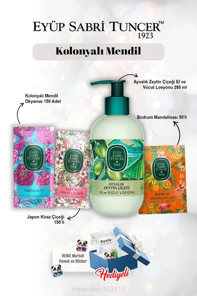 Mandalina 50'li, Okyanus ve Kiraz Çiçeği 150'li, Zeytin Çiçeği 280 ml Losyon ve Rosie ürün görseli 1