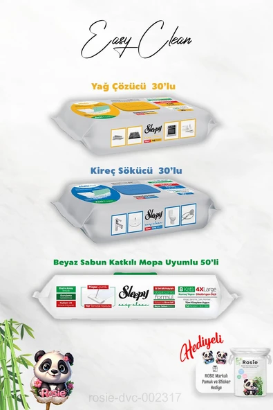 Beyaz Sabun Katkılı Mopa Uyumlu Havlu 50'li, Kireç ve Yağ Çözücü 30'lu ve Rosie Hediye ürün görseli 1