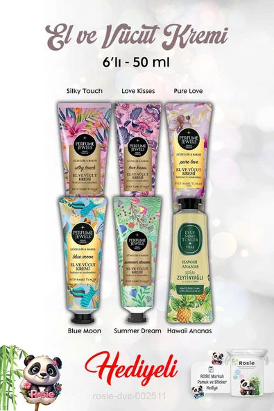 50 ml Summer Dream, Pure Love, Silky Touch, Love Kisses, Blue Moon, Hawaii Ananas El Kremi 6'lı ve Rosie ürün görseli 1