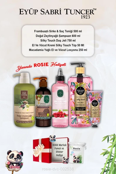 Frambuazlı Tonik, Zeytinyağlı Şampuan, Silky Touch duş jeli ve kremi, Macadamia Losyon ve Rosie ürün görseli 1