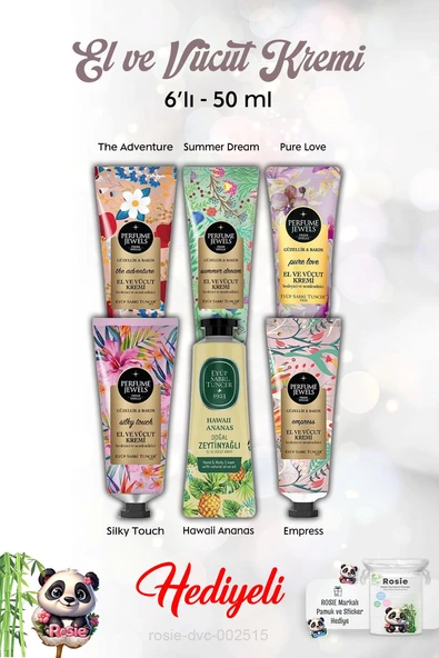 Hawaii Ananas, Silky Touch, Pure Love, Summer Dream, The Adventure, Empress 50 ml El Kremi 6'lı ve Rosie ürün görseli 1