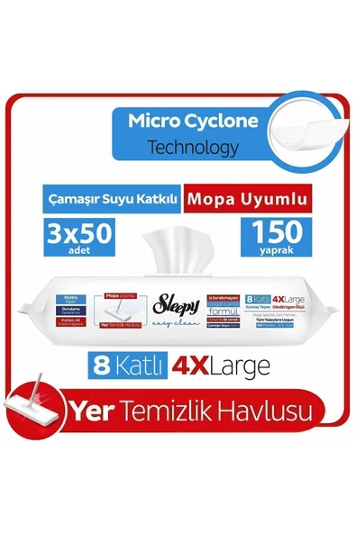 Sleepy Easy Clean Çamaşır Suyu Katkılı Mopa Uyumlu Yer Temizlik Havlusu 3x50 (150 YAPRAK) ürün görseli 1