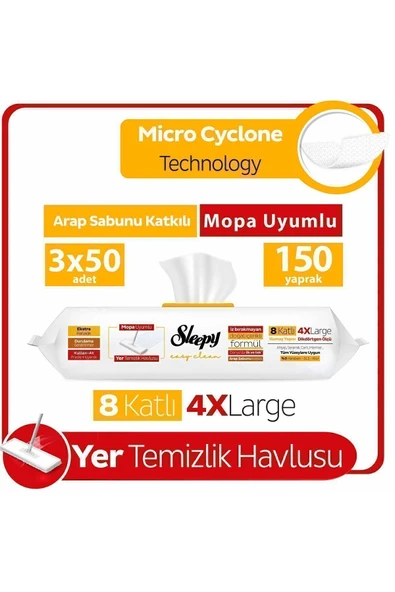 Sleepy Easy Clean Arap Sabunu Katkılı Mopa Uyumlu Yer Temizlik Havlusu 3x50 (150 YAPRAK) ürün görseli 1