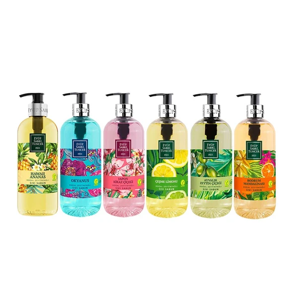 Eyüp Sabri Tuncer Sıvı Sabun Seti Ayvalık Zeytin Çiçeği, Çeşme Limonu, Japon Kiraz Çiçeği, Okyanus, Bodrum Mandalinası, Hawaii Ananas 500 ML ürün görseli 1