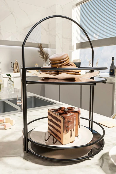 Bino Servis Sunum Ikramlık Siyah Büyük Lüks 2 Katlı 40cm Organizer Mutfak Düzenleyici Pasta Standı ürün görseli 1