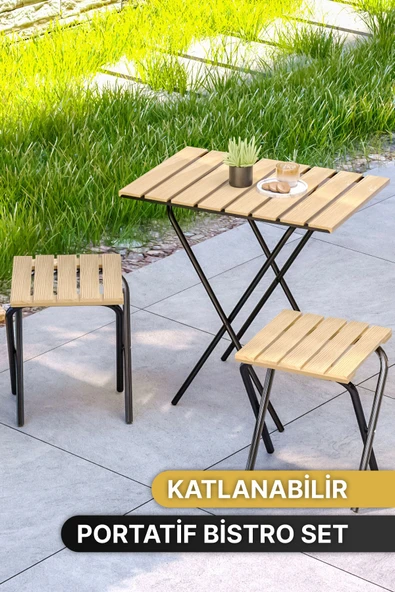 Bino Bahçe Masası Kamp Masası Yükseklik Ayarlı Masa Sandalye Bistro Ahşap Kamp Masası Taburesi 3'lü Set ürün görseli 1