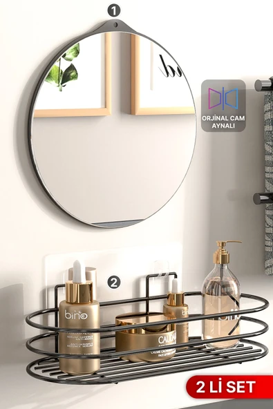Bino Banyo Düzenleyici 2 Li Set Ayna ve Organizer Yapışkanlı Lüks Tasarım  Ayna Kozmetik Rafı ürün görseli 1
