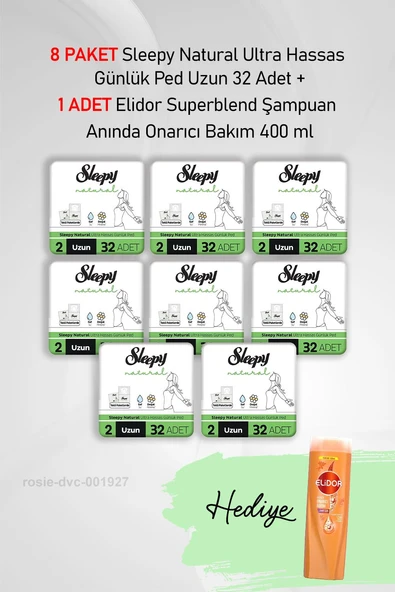 Sleepy Natural Ultra Hassas Günlük Ped Uzun 32 Adet X 8 ve Hediye Elidor 400 ml ürün görseli 1