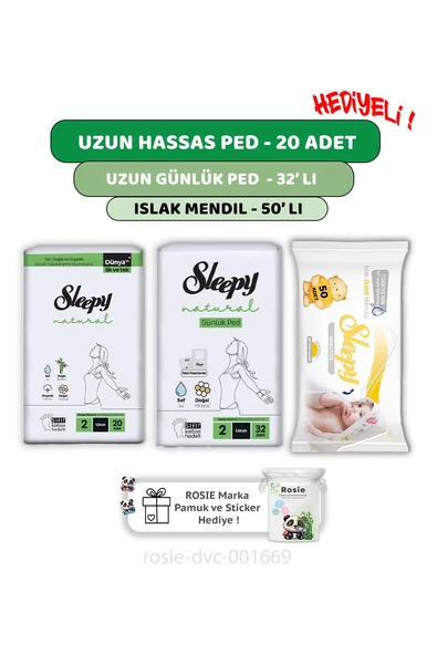 Sleepy Natural Ultra Hassas Uzun Ped 20'li,Günlük Ped 32'li  Sensitive 50'li Mendil ve ROSIE ürün görseli 1
