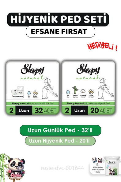 Sleepy Natural Hijyenik Ped Uzun 20'li Günlük Ped Uzun 32'li ve ROSIE ürün görseli 1