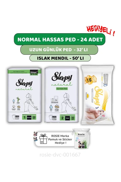 Sleepy Natural Ultra Hassas Normal Ped 24'lü,Günlük Ped 32'li,  Sensitive 50'li Mendil ve ROSIE ürün görseli 1