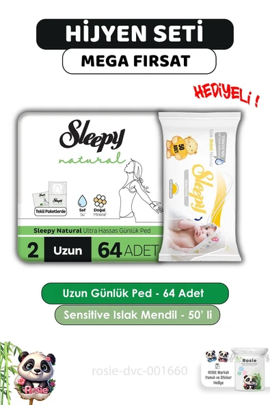 Sleepy Natural Ultra Hassas Hijyenik Günlük Ped Uzun 64 Adet, Sensitive 50'li Islak Mendil ve ROSIE ürün görseli 1