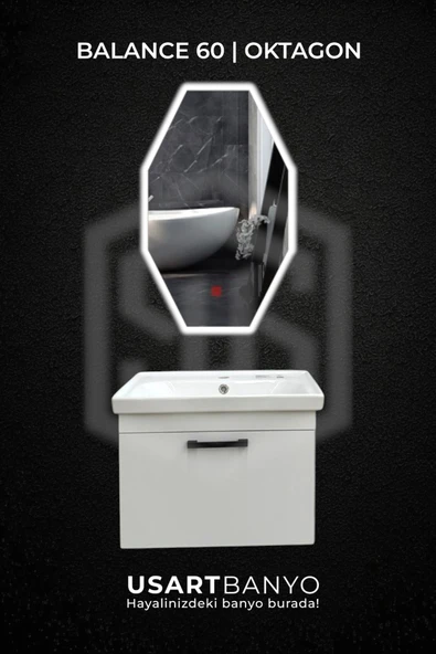 Balance 60 cm Beyaz Banyo Dolabı, Oktagon Beyaz Led Ayna 80x45 ürün görseli 1