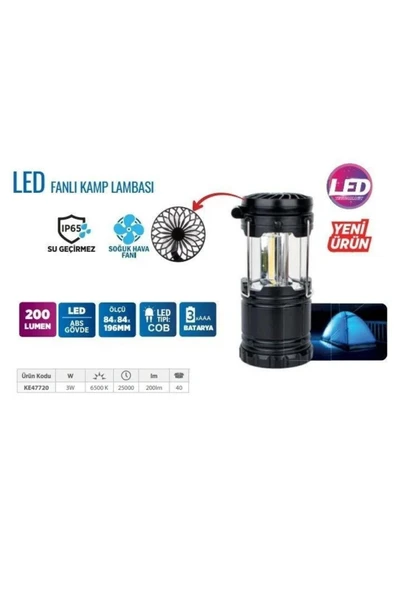 Klaus Ke47720 Fanlı Kamp Lambası 3w 200lumen 3 X Aa Pil(dahil ürün görseli 1