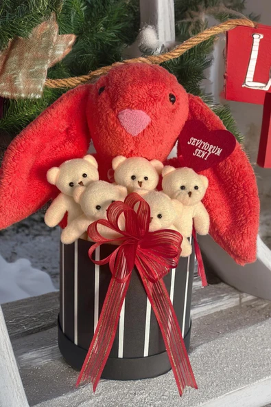 SOLE Premium Özel Hediye Kutusunda 45 cm Mercan Bunny Tavşan ve 5 Adet Krem Peluş Ayıcık Buketi ürün görseli 1