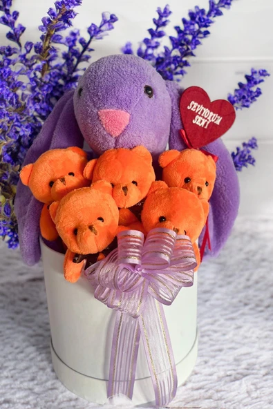 SOLE Premium Özel Hediye Kutusunda  45 cm Bunny Tavşan ve 5 Adet Turuncu Peluş Ayıcık Buketi ürün görseli 1