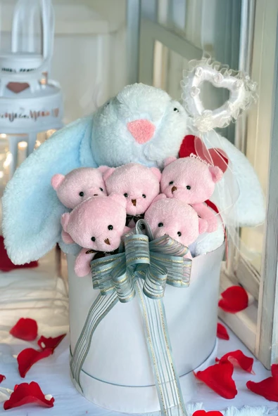 SOLE Premium Özel Hediye Kutusunda 45 cm Mavi Bunny Tavşan ve 5 Adet Pembe Peluş Ayıcık Buketi ürün görseli 1