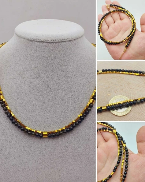 Lucid Dream Serisi Golden & Siyah Obsidyen Taşı 4mm Kolye (24290) ürün görseli 1